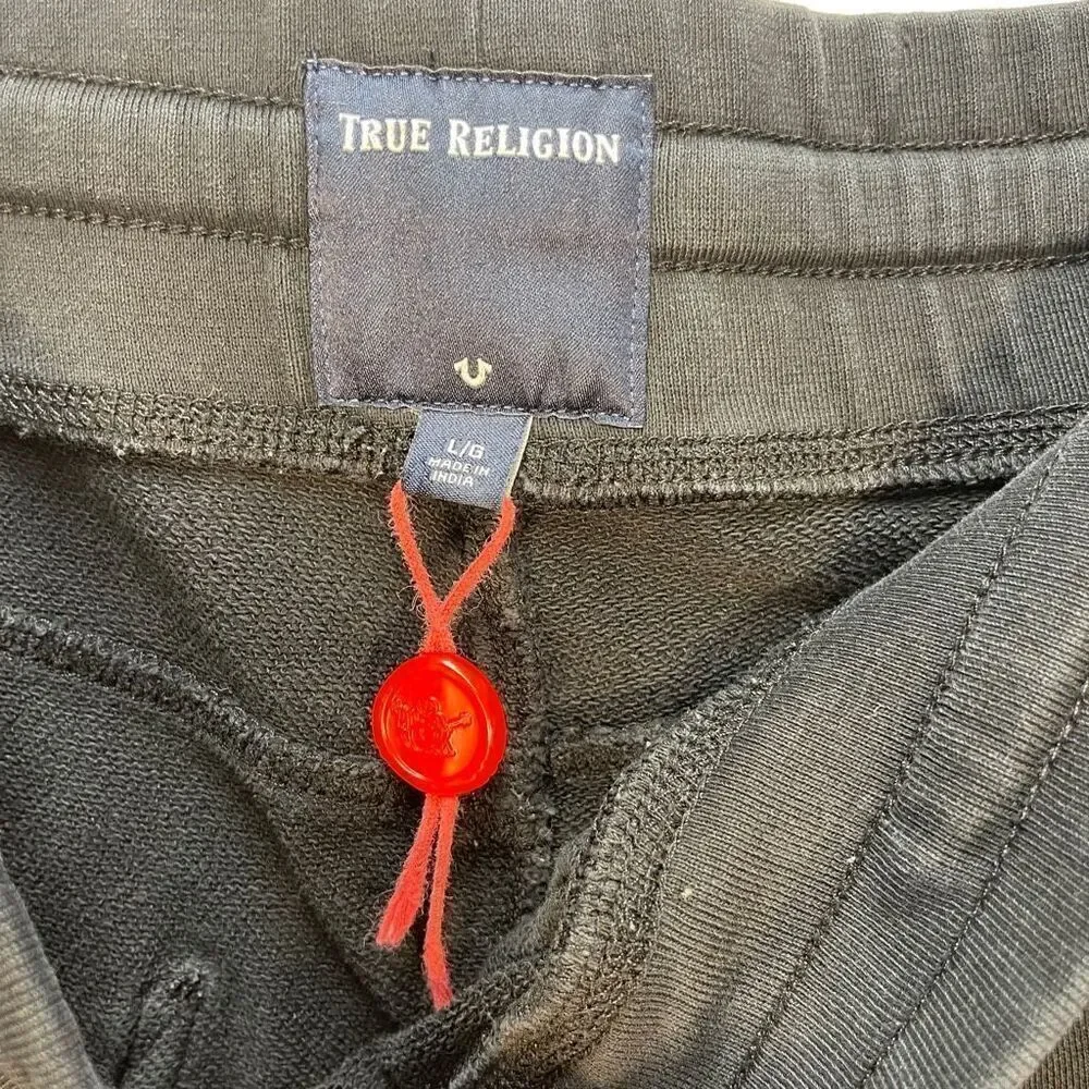True Religion Black Gold Logo Drawstring Cotton Tapered Cuff Sweatpants Large